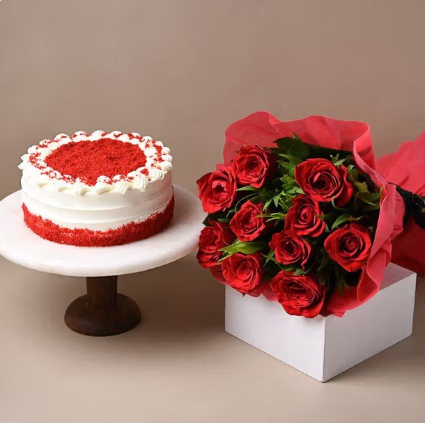 Red Roses with Red Velvet Cake